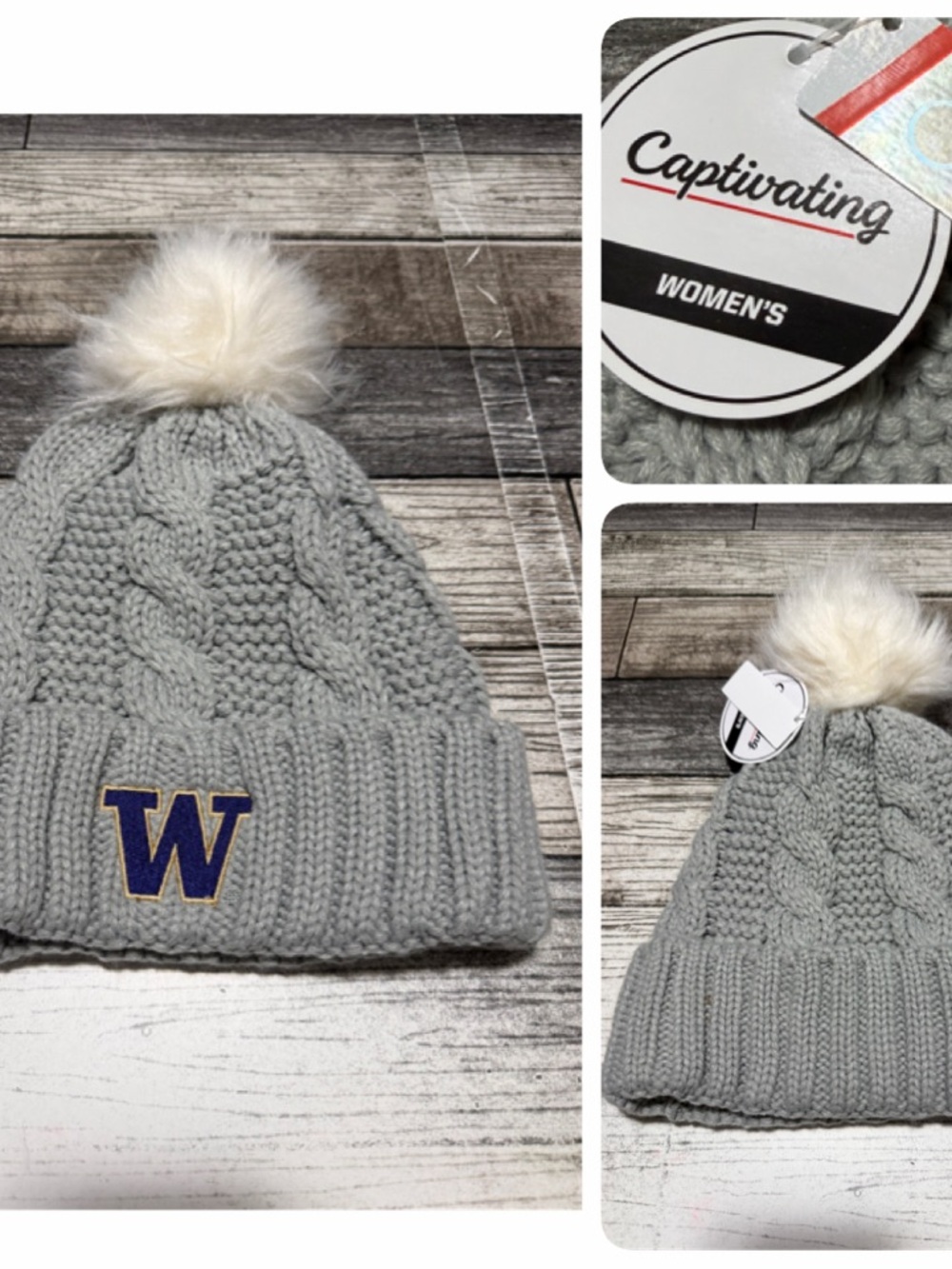 Captivating UW Huskies Pom Beanie Women’s One Size Gray Embroidered